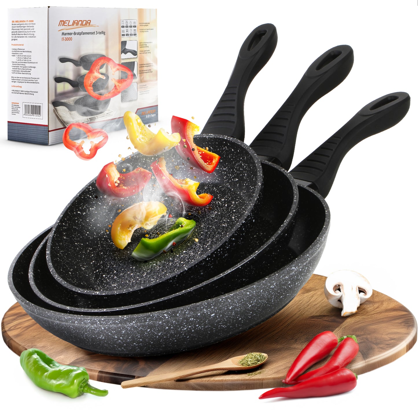 MELIANDA IT-3000 3tlg Pfannenset 20cm - 24cm - 28cm antihaft, Marmoroptik, Elektro, Glaskeramik, Gas, Induktion