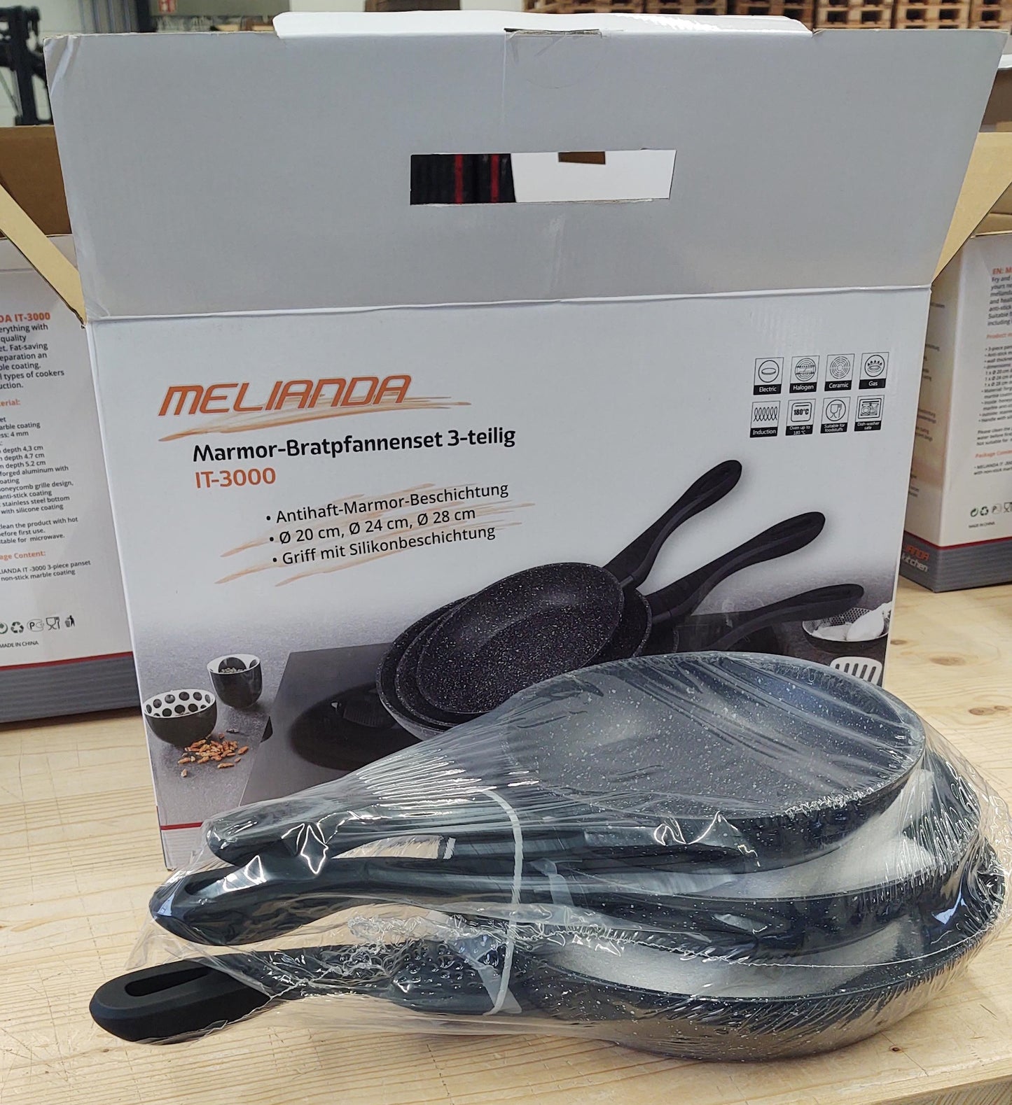 MELIANDA IT-3000 3tlg Pfannenset 20cm - 24cm - 28cm antihaft Marmoroptik Elektro, Glaskeramik, Gas, Induktion - B-Ware mit Verpackungsschaden