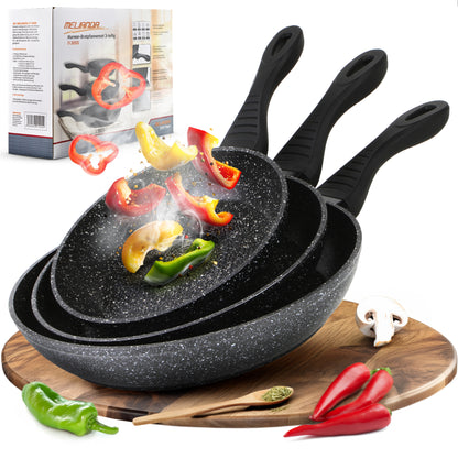 MELIANDA IT-3000 3tlg Pfannenset 20cm - 24cm - 28cm antihaft, Marmoroptik, Elektro, Glaskeramik, Gas, Induktion